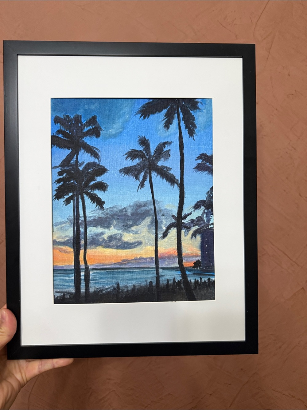 Framed Palm Tree Beach Sunset Painting- Blue and Black